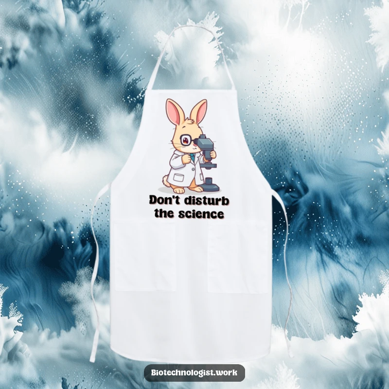 Funny apron showing a diligent rabbit scientist in a lab coat, ready to experiment while adjusting a microscope.