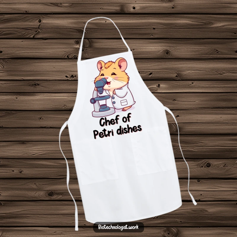 Funny apron with a cute hamster in a lab coat, peering into a microscope, perfect for kitchen or lab use, a humorous gift.