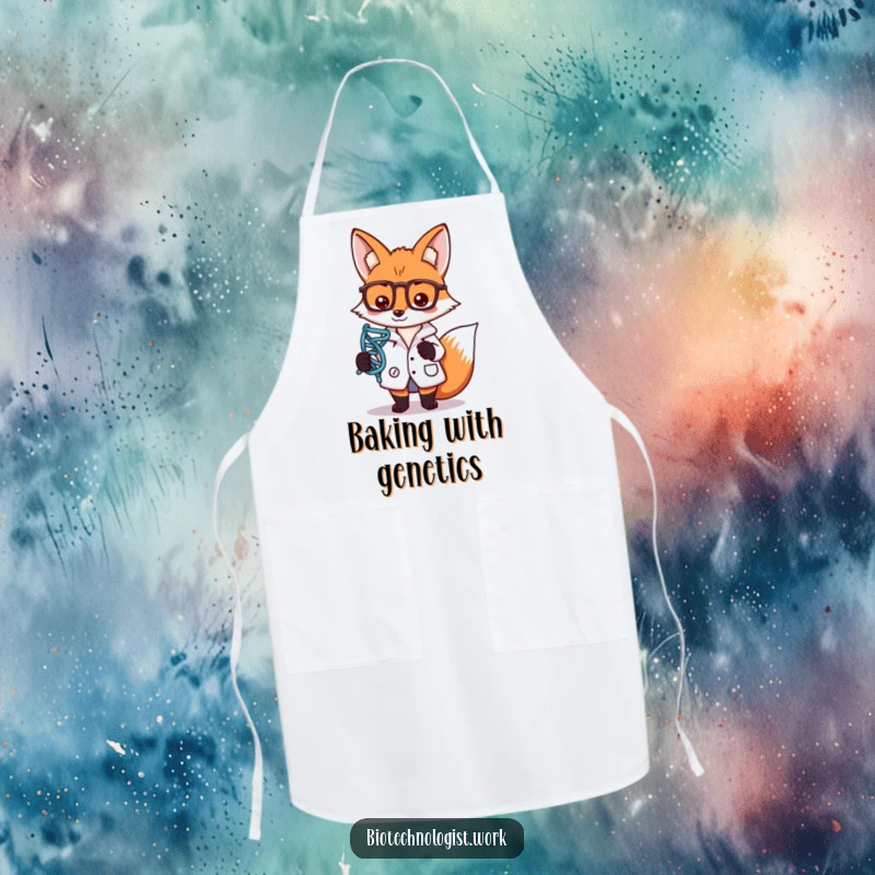 Funny apron showing a focused fox scientist in a lab coat, holding a DNA strand symbol, ready for culinary experiments.