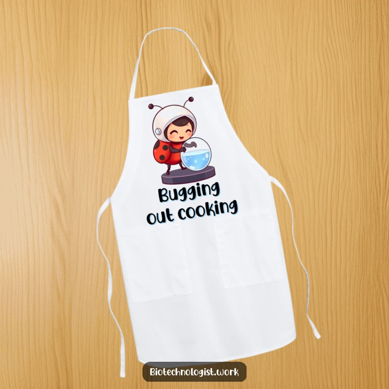 Funny apron with a cheerful ladybug wearing a helmet, working with a petri dish, perfect for kitchen or lab, a humorous gift.