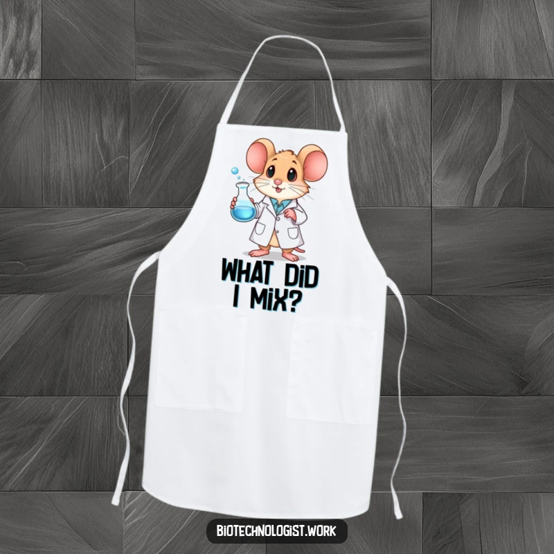 Funny mouse apron depicting a mouse in a lab coat holding a bubbling beaker, ready for kitchen experiments.