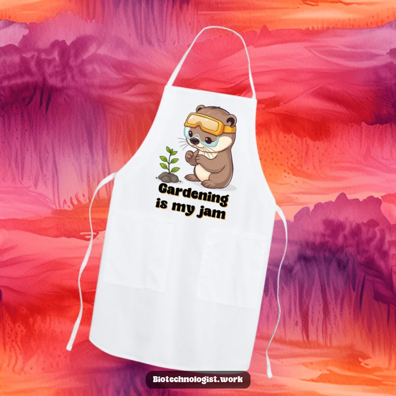 Funny otter apron depicting a playful otter in safety goggles examining a tiny plant, ready for kitchen gardening.