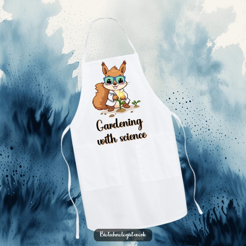 Funny apron showing a cheerful squirrel scientist in a lab coat, planting a glowing seed, ready for kitchen experiments.