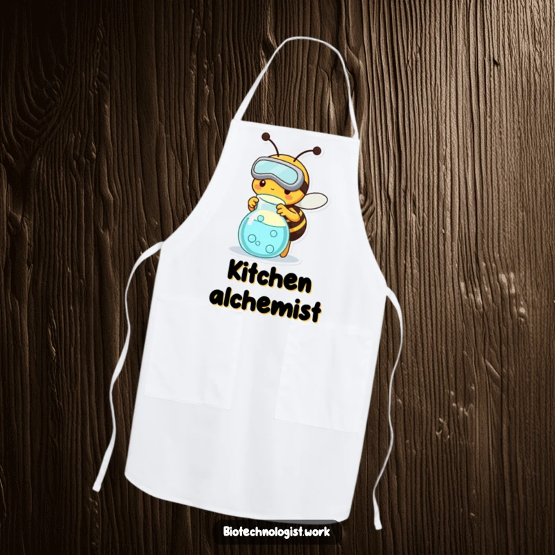 Funny apron with a busy bee wearing goggles, working with a science beaker, perfect for kitchen or lab, a humorous gift.