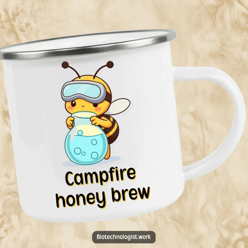 Funny, durable camping mug featuring a busy bee in goggles working on a science experiment, perfect for outdoor use.
