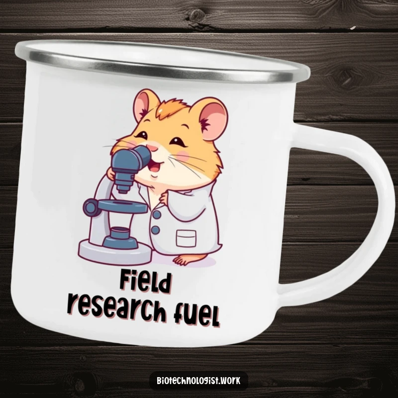 Funny, durable camping mug showcasing a cute hamster in a lab coat, excitedly peering into a microscope, perfect for outdoor use.