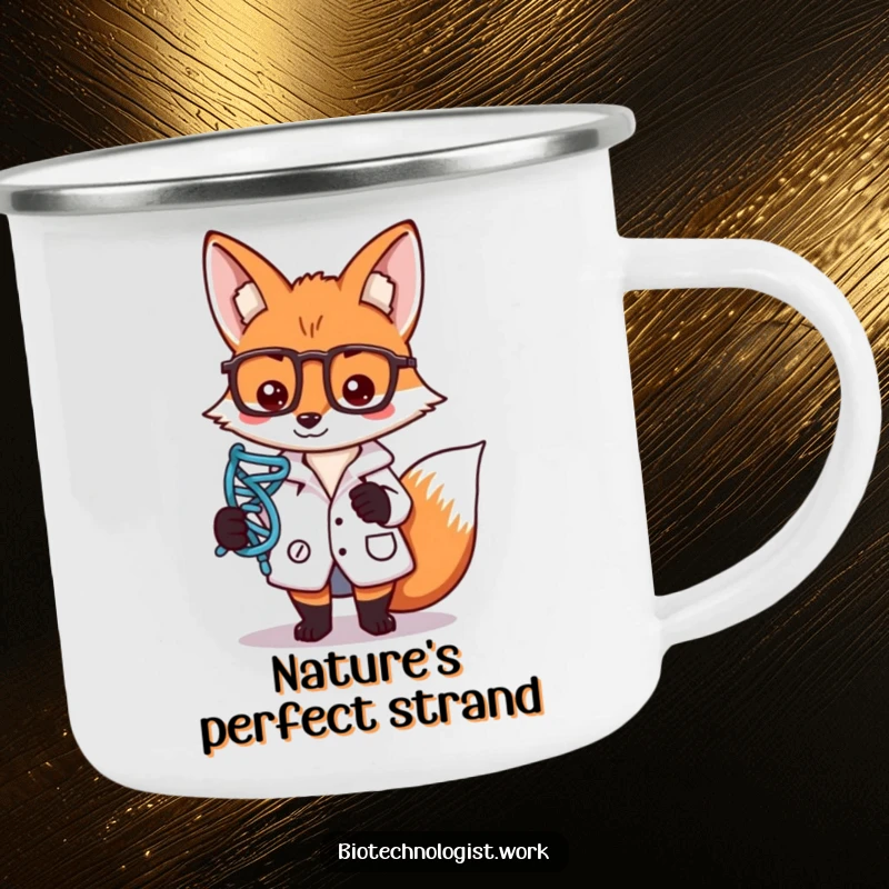 Funny camping mug with a focused fox scientist in a lab coat, holding a DNA strand symbol, ready for outdoor research.