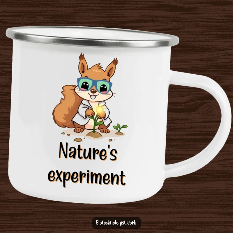 Funny camping mug with a cheerful squirrel scientist in a lab coat, planting a glowing seed, ready for outdoor fun.
