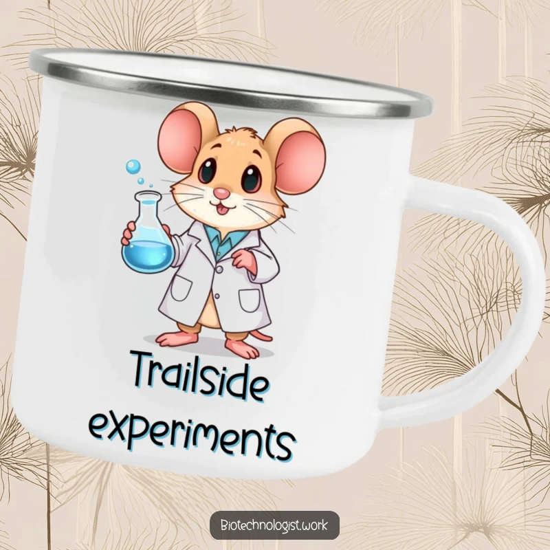 Funny mouse camping mug depicting a mouse in a lab coat holding a bubbling beaker, perfect for outdoor exploration.
