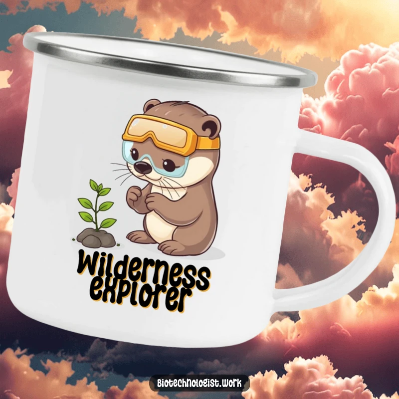 Funny otter camping mug depicting a playful otter in safety goggles examining a tiny plant, perfect for outdoor enthusiasts.