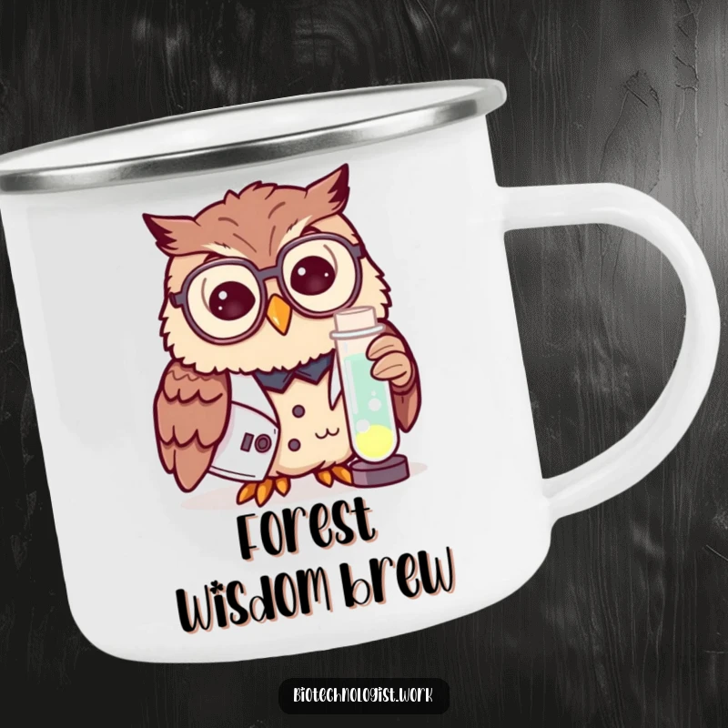 Funny, durable camping mug featuring a curious owl in a lab coat and spectacles examining a glowing test tube, outdoor use.