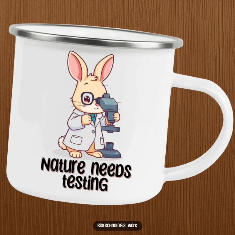 Funny camping mug with a diligent rabbit scientist in a lab coat, adjusting a microscope, ready for outdoor scientific endeavors.