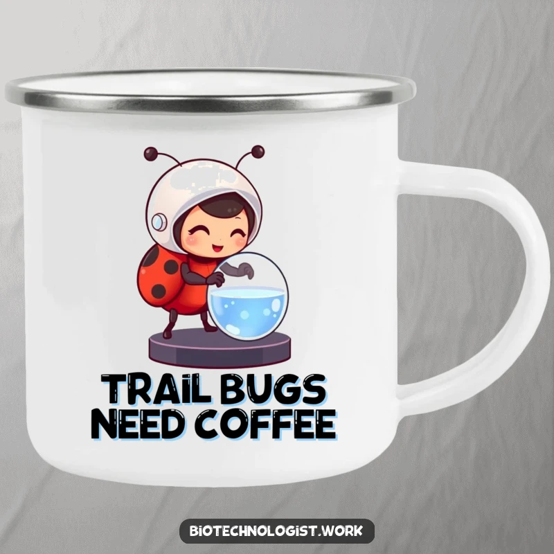 Funny, durable camping mug featuring a cheerful ladybug in a helmet carefully adjusting a petri dish, perfect for outdoor use.