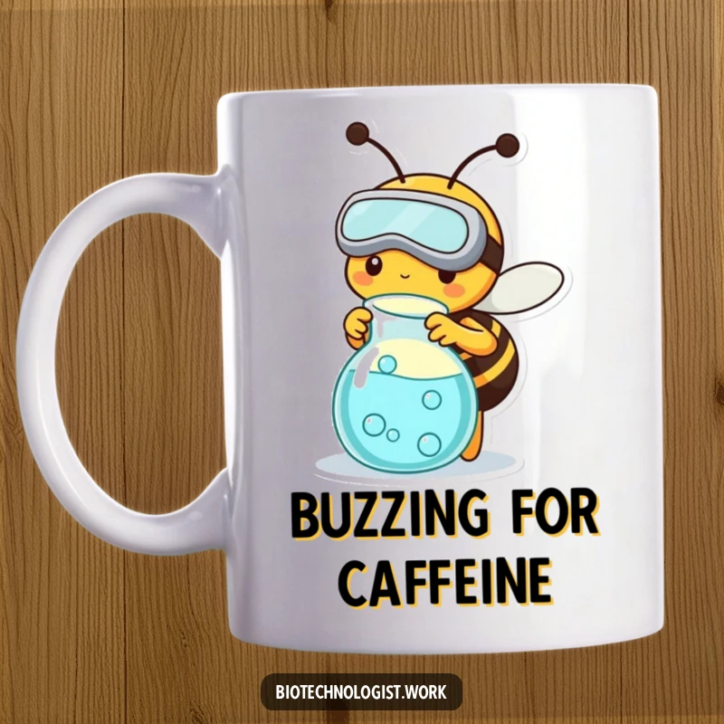 Funny mug with a busy bee wearing goggles, tending to a bubbling beaker, inspiring scientific curiosity and hard work.