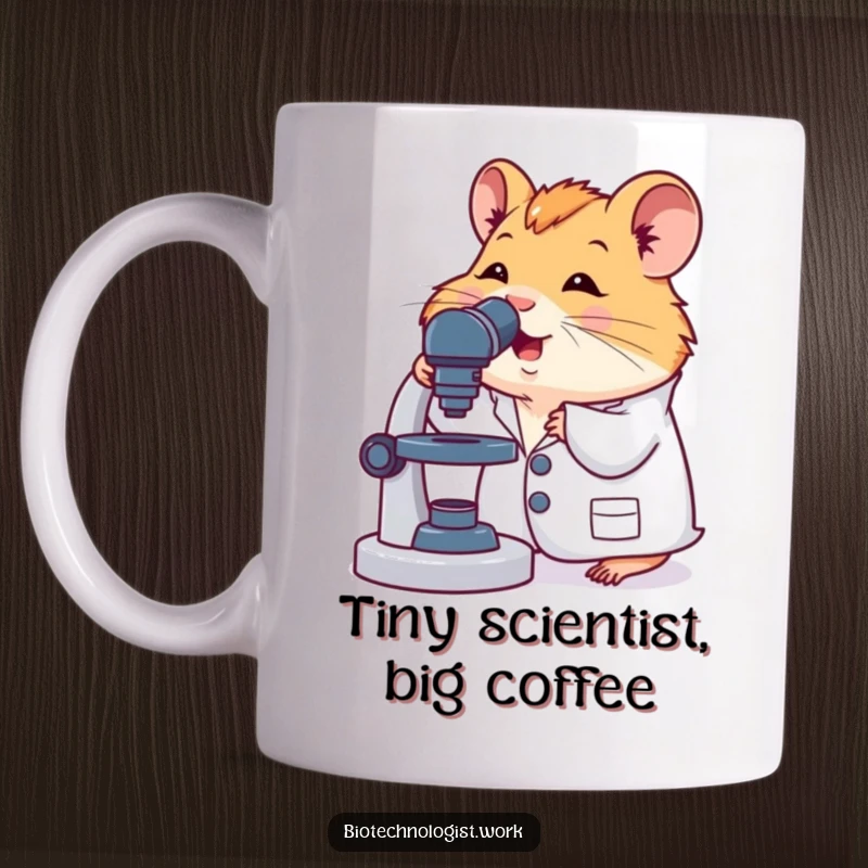 Funny hamster in a lab coat, peering intently into a microscope with excitement, on a ceramic mug, perfect for science lovers.