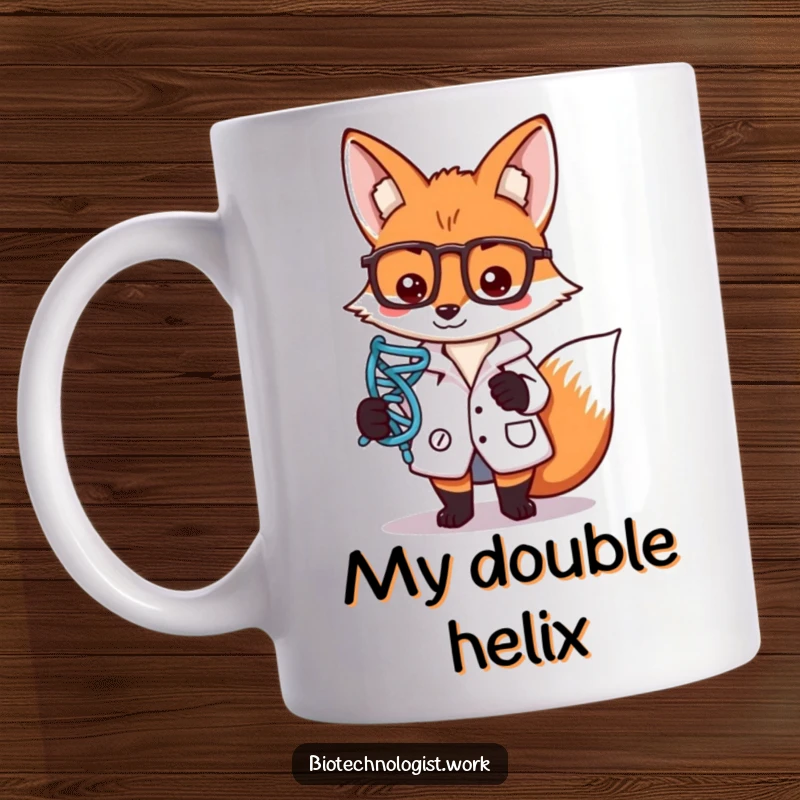 Funny mug with a focused fox scientist in a lab coat, holding a DNA strand symbol, symbolizing precision and intelligence.
