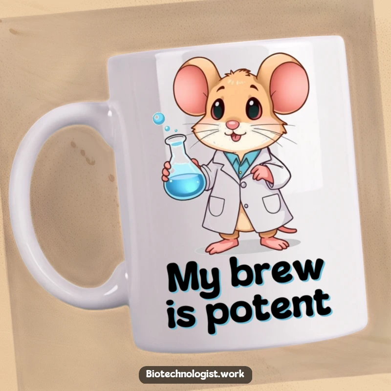Funny mouse in a lab coat holding a large, bubbling beaker, looking curious about its scientific experiment.