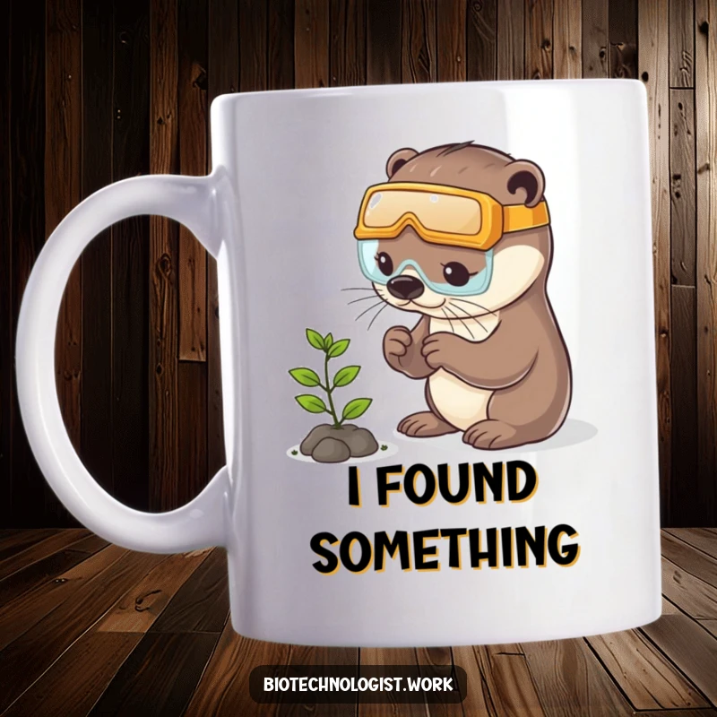 Funny otter wearing safety goggles, playfully examining a tiny plant with intense focus and curiosity.