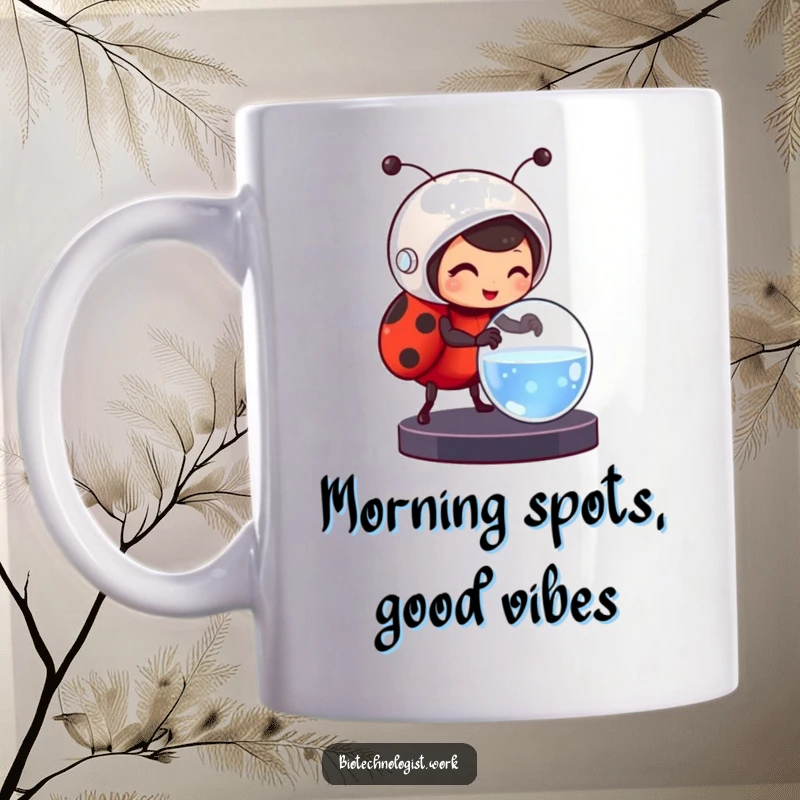 Funny mug featuring a cheerful ladybug wearing a helmet, carefully adjusting a petri dish, for science lovers.