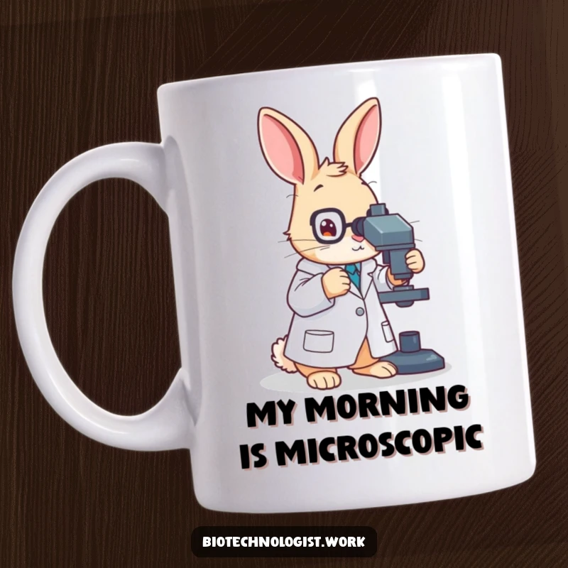 Funny mug with a diligent rabbit scientist in a lab coat meticulously adjusting a microscope, ready for groundbreaking discoveries.