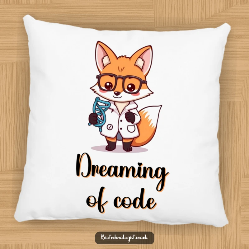 Funny pillow with a focused fox scientist in a lab coat, holding a DNA strand symbol, perfect for a study or bedroom.