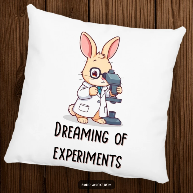 Funny pillow with a diligent rabbit scientist in a lab coat, looking focused while adjusting a microscope, perfect for a cozy nook.