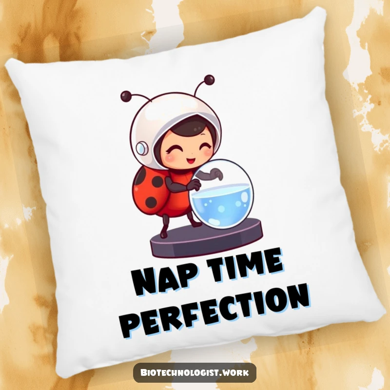 Funny pillow showcasing a cheerful ladybug in a helmet carefully adjusting a petri dish, offering comfort and whimsical appeal.