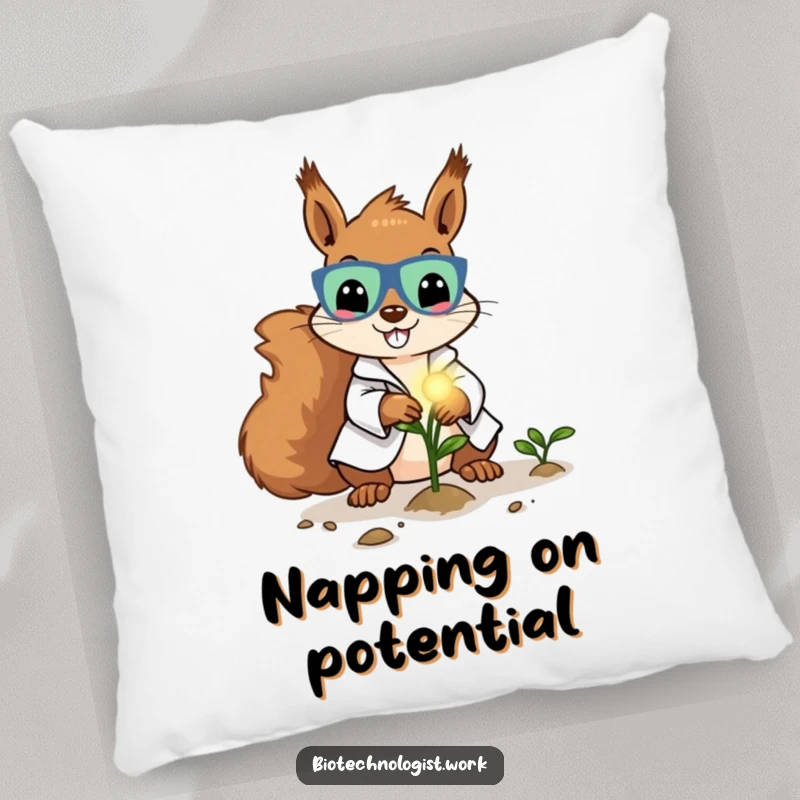 Funny pillow with a cheerful squirrel scientist in a lab coat, planting a glowing seed, bringing a sense of peace and growth.