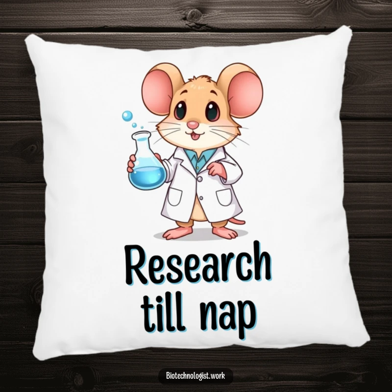 Funny mouse pillow showing a mouse in a lab coat holding a bubbling beaker, symbolizing scientific exploration and comfort.