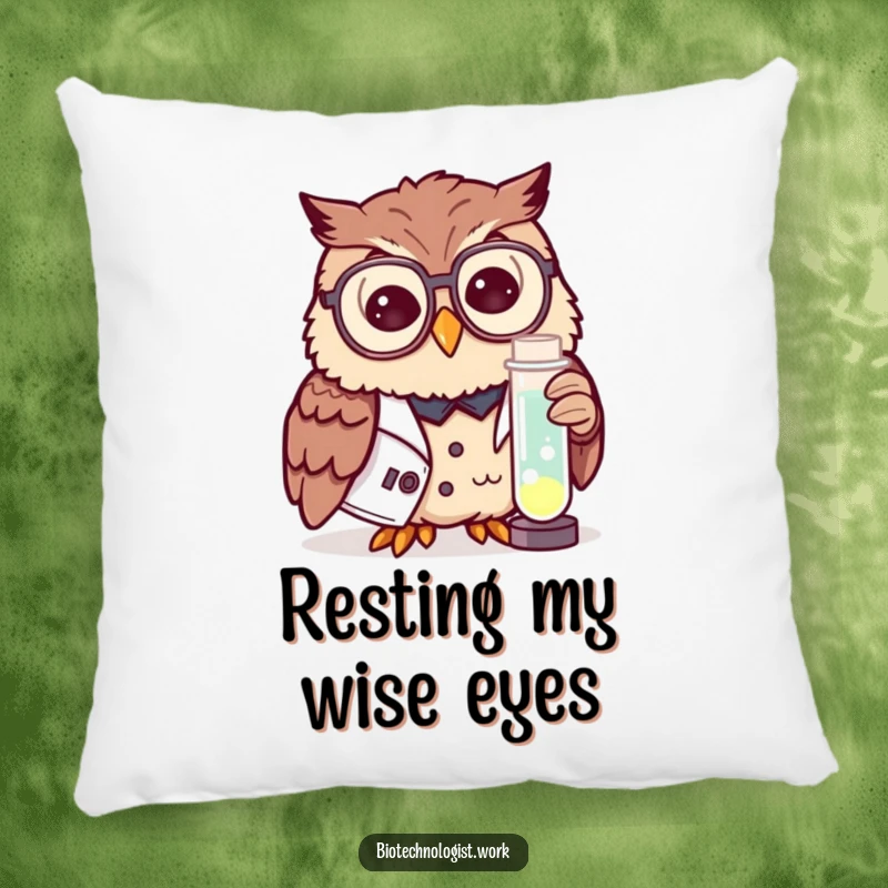 Funny pillow showcasing a curious owl in a lab coat and spectacles examining a glowing test tube, offering comfort.