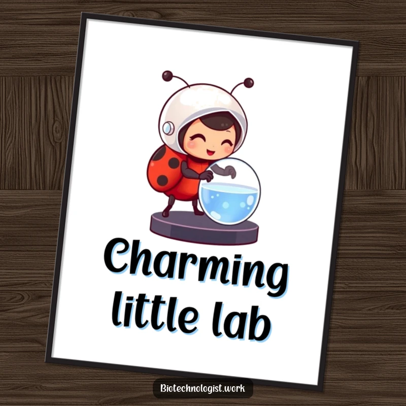 Funny digital art print of a cheerful ladybug in a helmet carefully adjusting a petri dish, for immediate home decor.