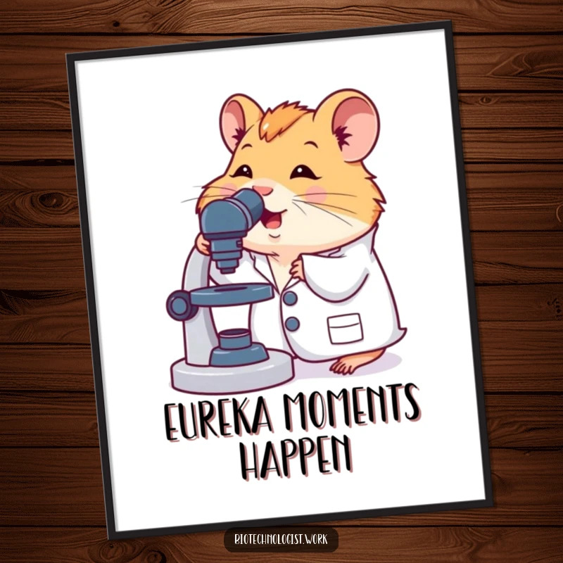 Funny digital art print of a cute hamster in a lab coat, excitedly looking through a microscope, for immediate home decor.