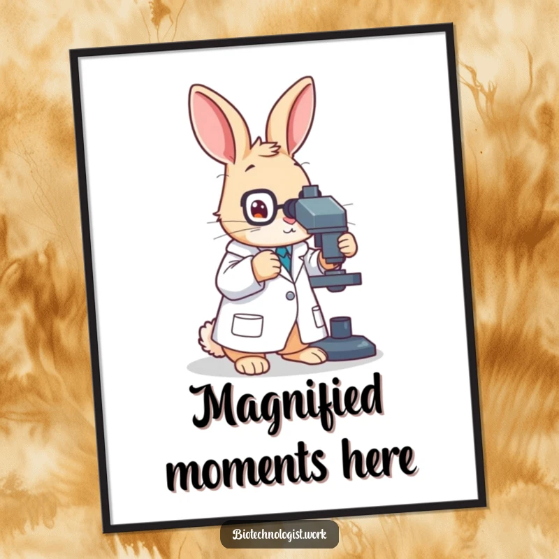 Funny digital art print of a diligent rabbit scientist in a lab coat, focused on adjusting a microscope, bringing humor to the wall.