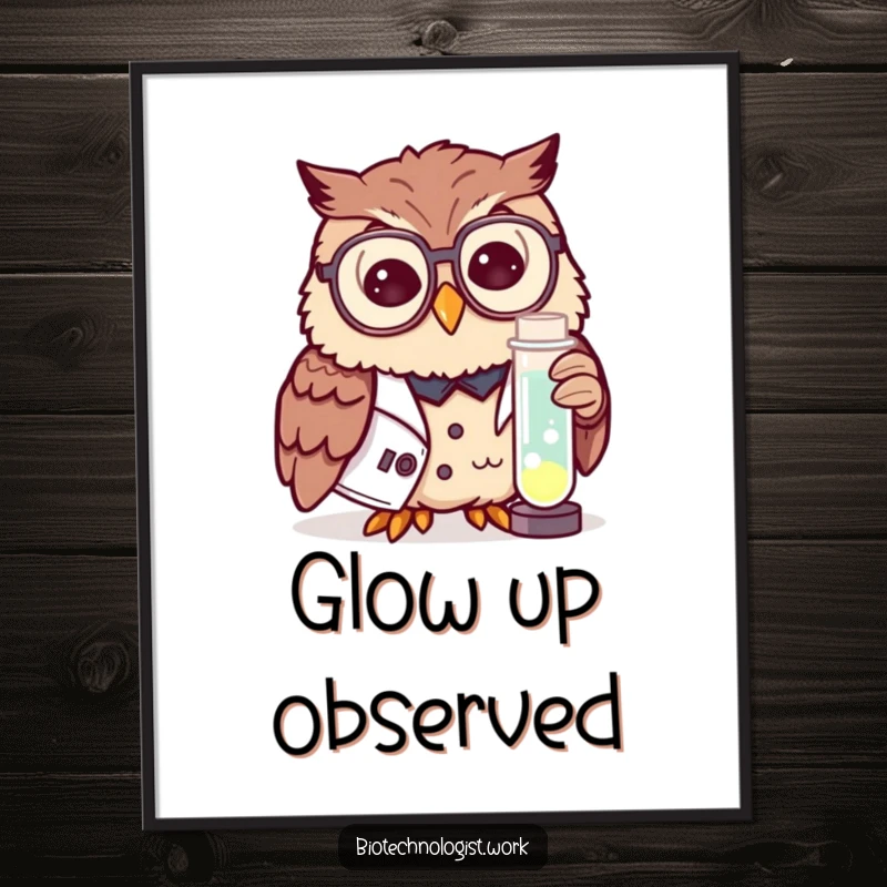Funny digital art print of a curious owl in a lab coat and spectacles examining a glowing test tube, for decor.