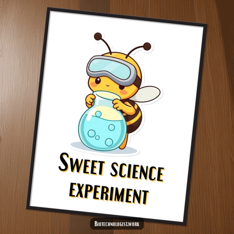 Funny digital art print of a busy bee in goggles working on a science beaker, for immediate home decor.