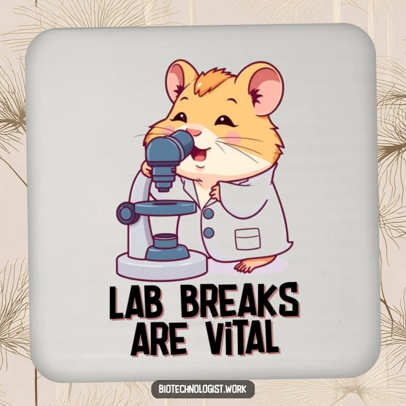 Funny drink coaster with a cute hamster in a lab coat, using a microscope, protecting surfaces with scientific humor.