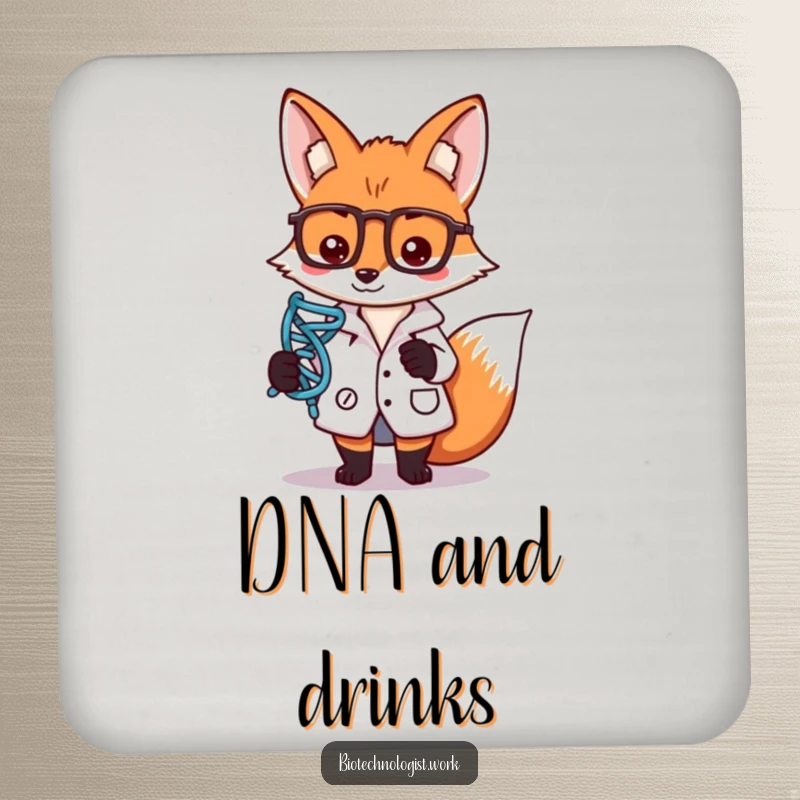Funny drink coaster with a focused fox scientist in a lab coat, holding a DNA strand symbol, perfect for any surface.