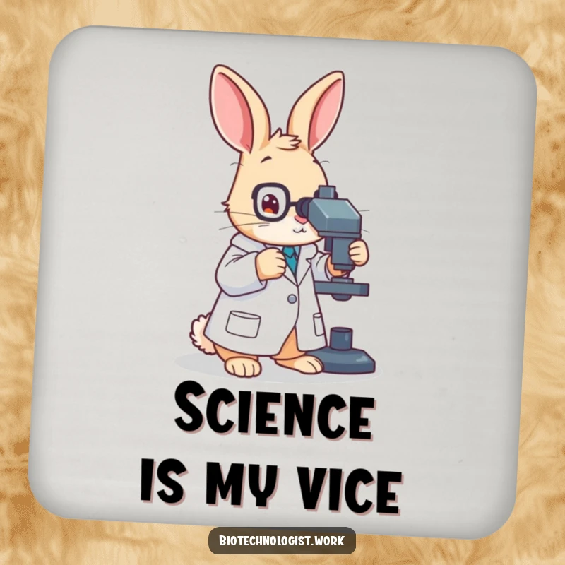 Funny drink coaster with a diligent rabbit scientist in a lab coat, adjusting a microscope, protecting surfaces with style.
