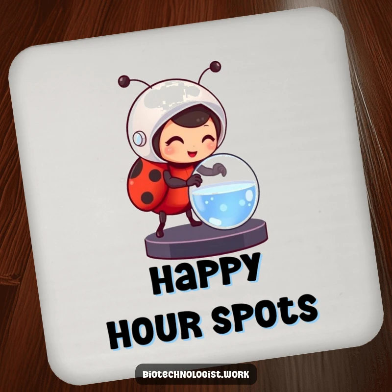 Funny drink coaster with a cheerful ladybug in a helmet carefully adjusting a petri dish, protecting surfaces with humor.