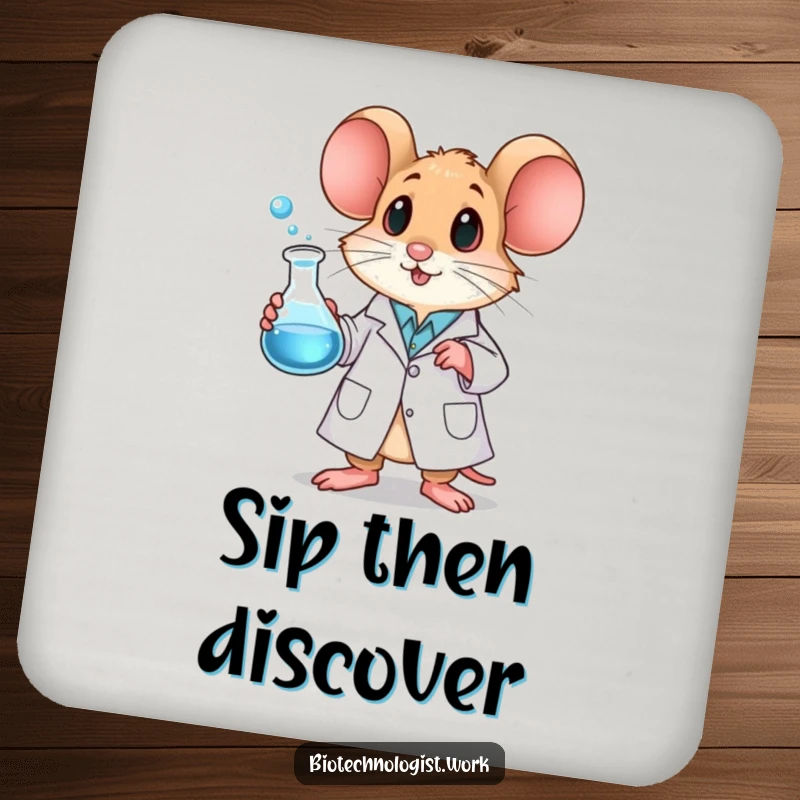Funny mouse drink coaster showing a mouse in a lab coat holding a bubbling beaker, symbolizing scientific curiosity.