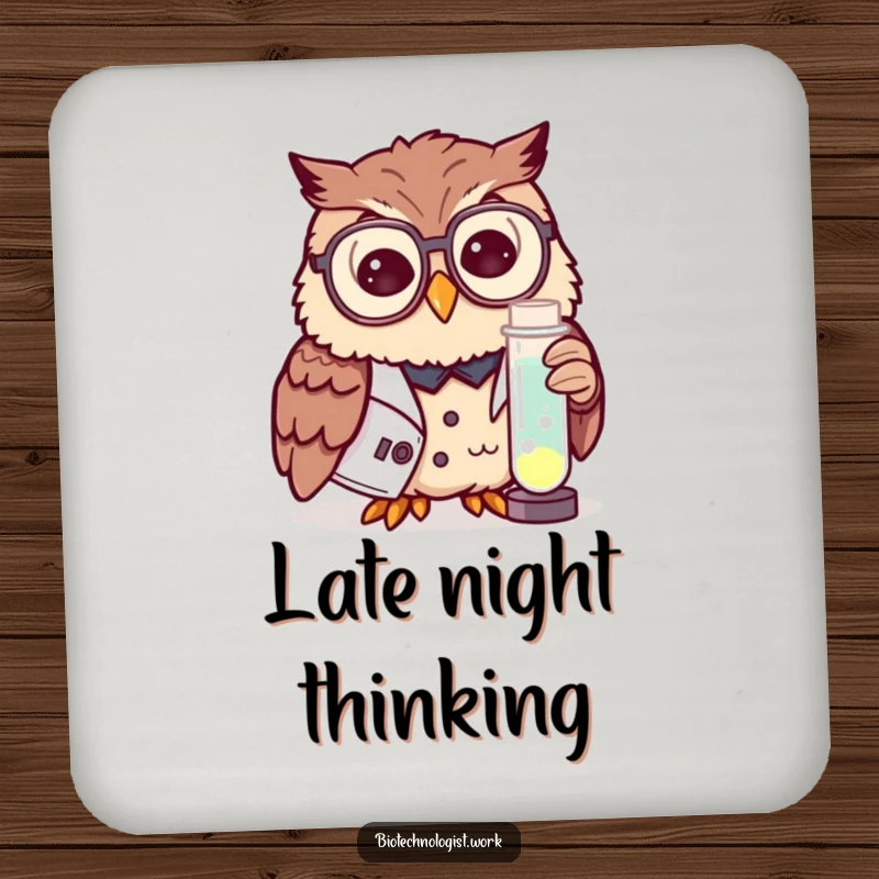 Funny drink coaster with a curious owl wearing specs, working with a glowing test tube, protecting surfaces with humor.