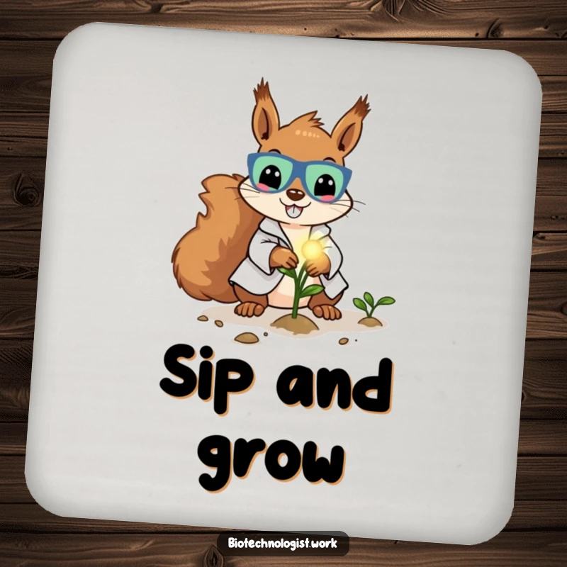 Funny drink coaster with a cheerful squirrel scientist in a lab coat, planting a glowing seed, adding charm to any surface.
