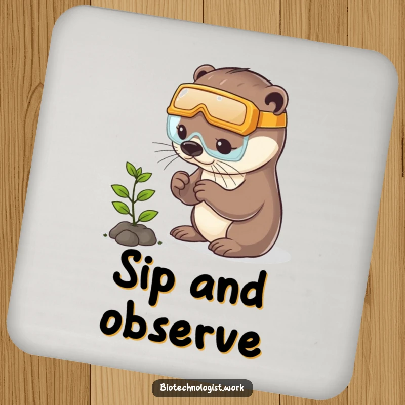 Funny otter drink coaster showing a playful otter in safety goggles examining a tiny plant, symbolizing playful nature study.