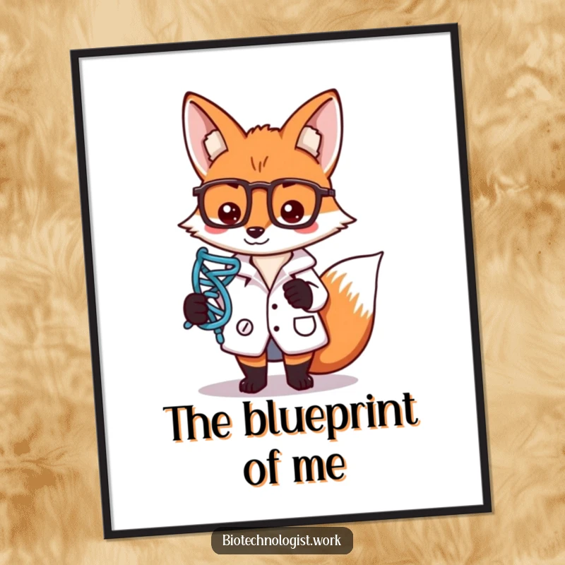 Funny poster featuring a focused fox scientist in a lab coat, holding a DNA strand symbol, symbolizing genetic research.