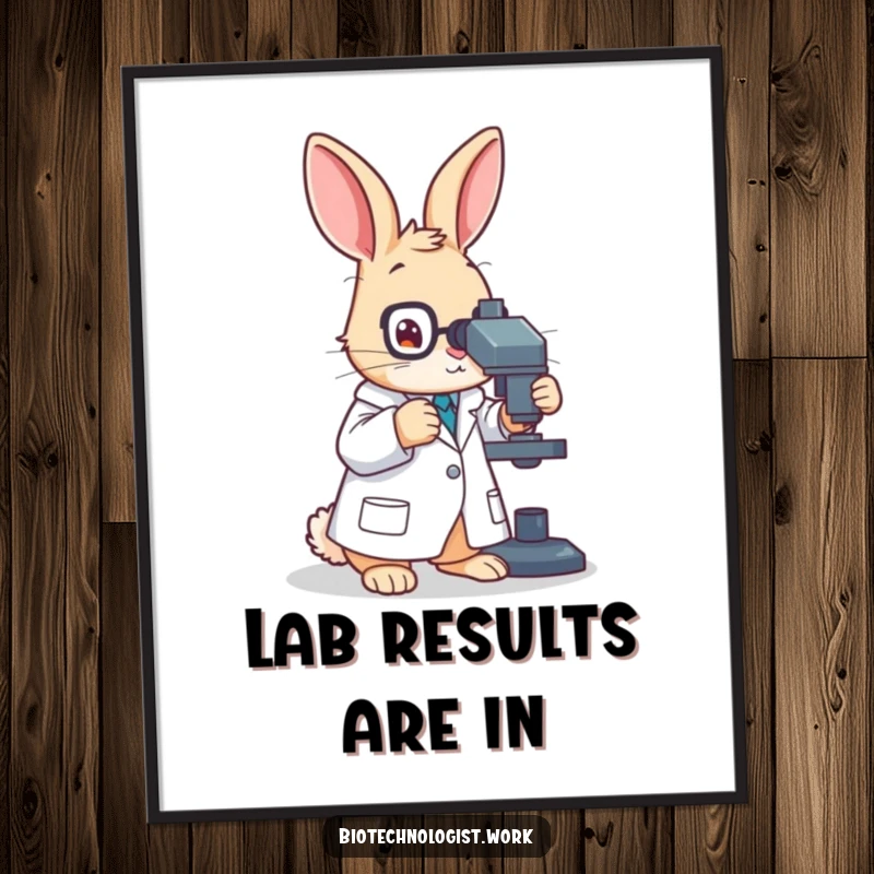 Funny poster of a diligent rabbit scientist in a lab coat, intently adjusting a microscope, symbolizing research and curiosity.