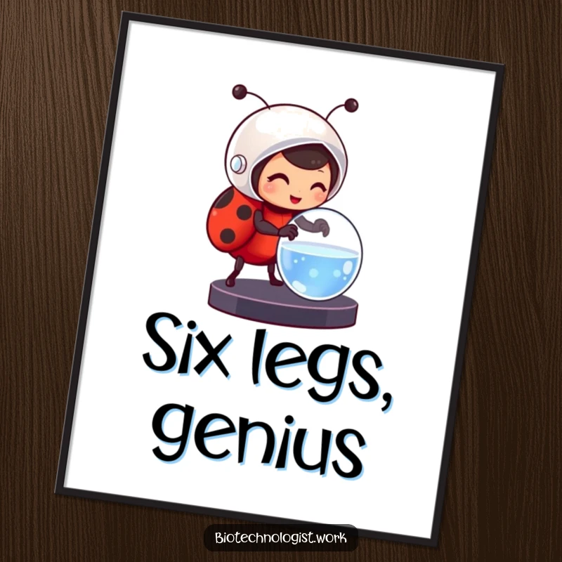 Funny poster print of a cheerful ladybug in a helmet carefully adjusting a petri dish, adding whimsical humor to decor.