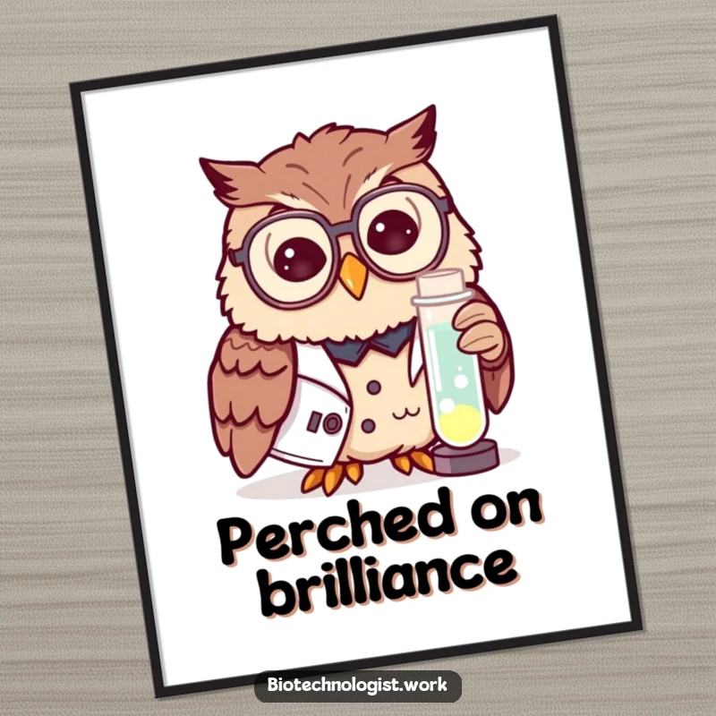 Funny poster print of a curious owl in a lab coat and spectacles examining a glowing test tube, adding intellectual humor.