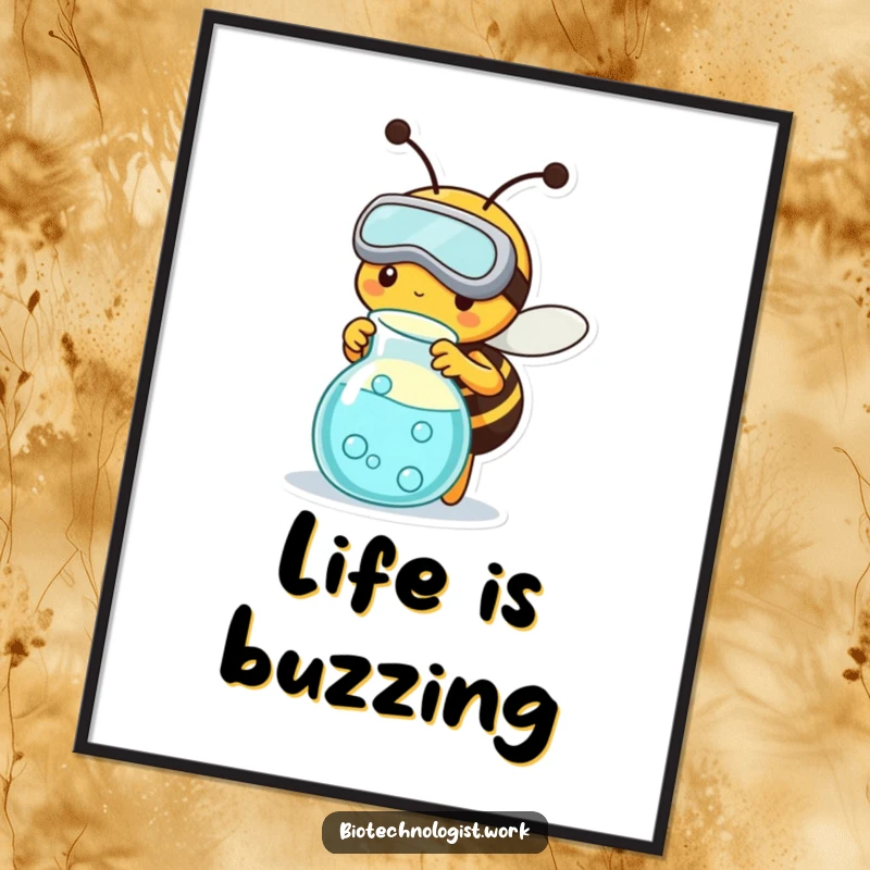 Funny poster print of a busy bee in goggles working with a bubbling beaker, adding scientific humor to wall art.