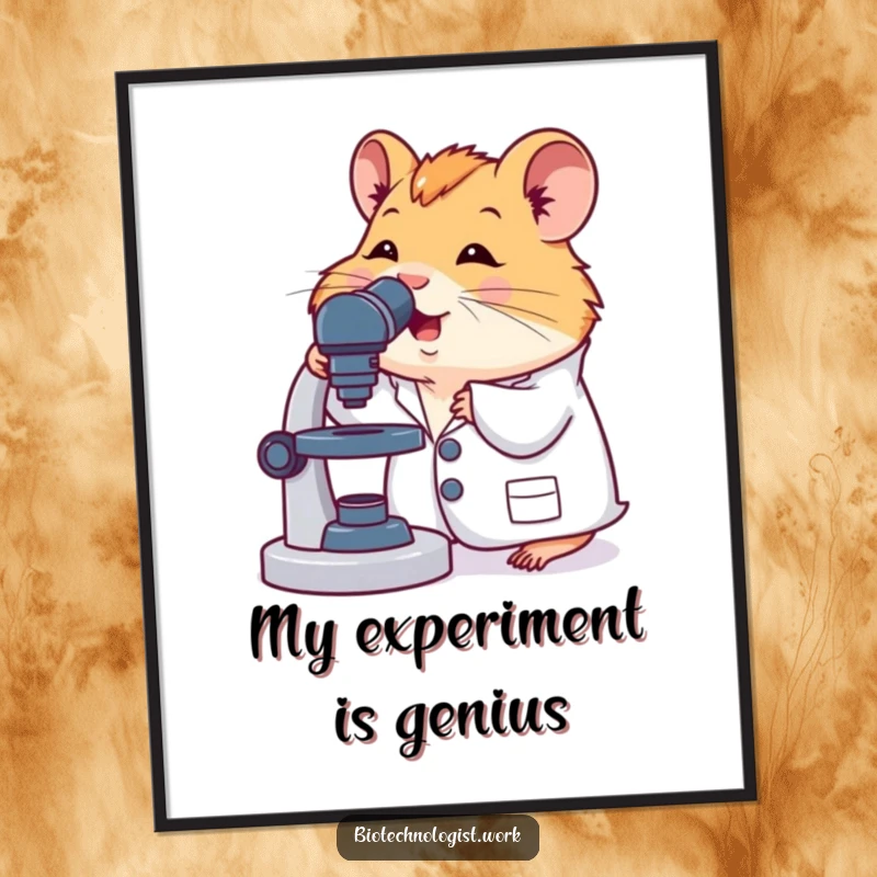 Funny poster print of a cute hamster in a lab coat, actively engaged with a microscope, adding a humorous touch to wall decor.