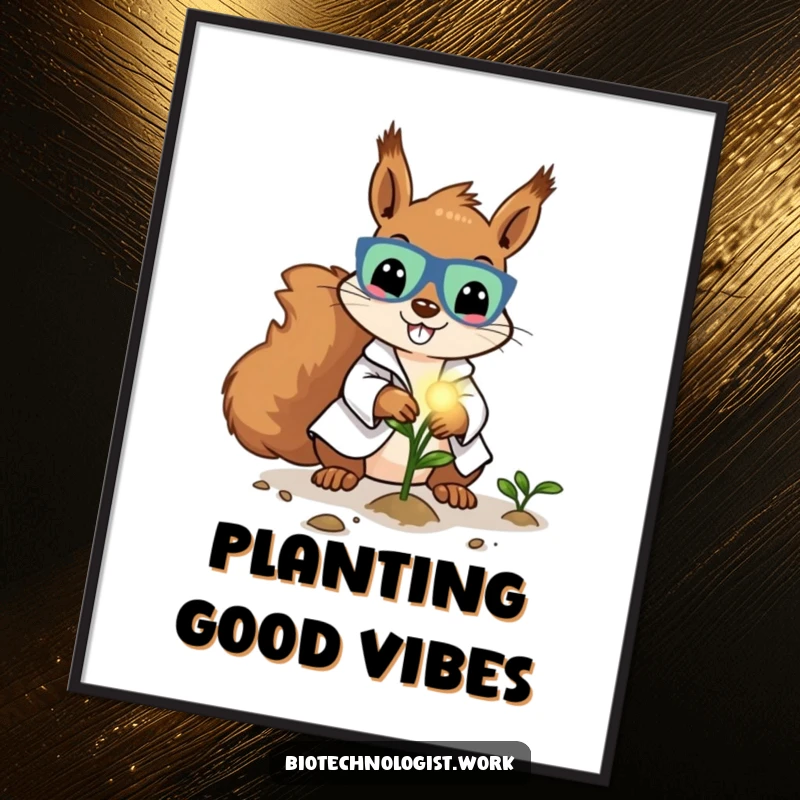 Funny poster featuring a cheerful squirrel scientist in a lab coat, planting a glowing seed, creating a vibrant and hopeful scene.